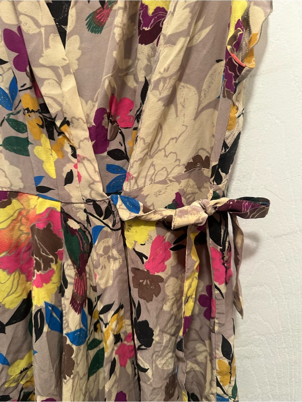 Anthropologie Beige Floral Silk Wrap Dress with Yellow, Pink & Blue Accents - Picture 3 of 6